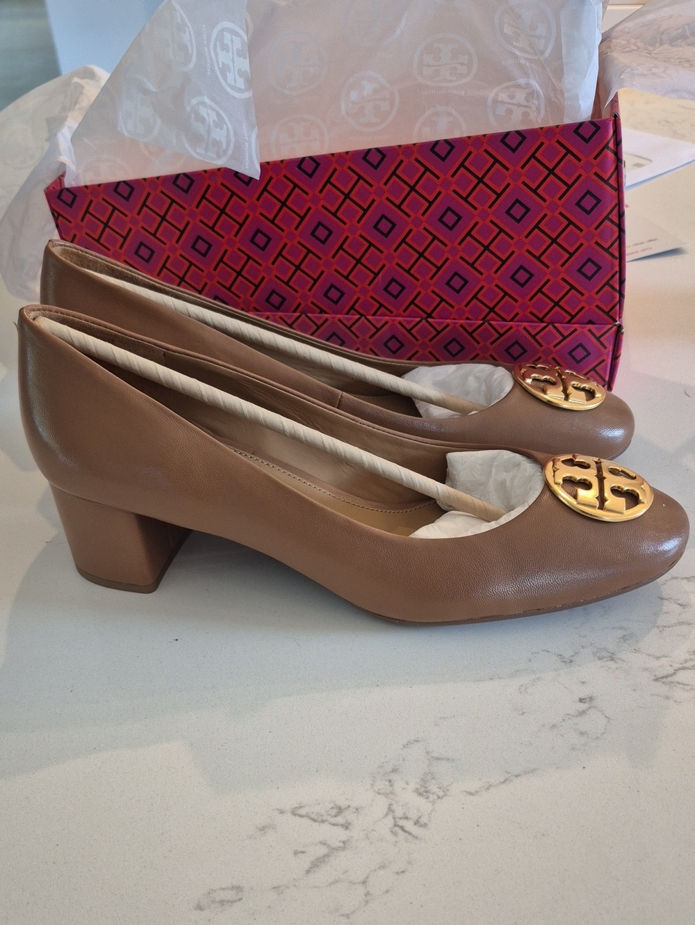 Tory Burch Tan Leather Block Heel Pumps with Gold Logo Medallion